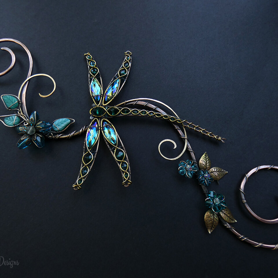 RESERVED FOR SALLY .... DRAGONFLY SWAROVSKI CRYSTAL WINDOW SUNCATCHER IN OCEAN BLUES AND GREENS WITH MIXED METALS