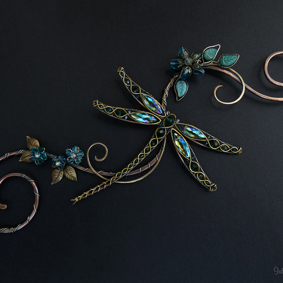 RESERVED FOR SALLY .... DRAGONFLY SWAROVSKI CRYSTAL WINDOW SUNCATCHER IN OCEAN BLUES AND GREENS WITH MIXED METALS