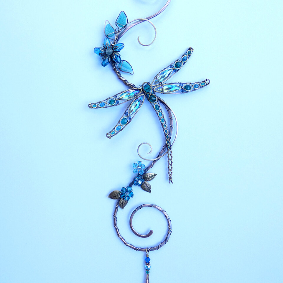 RESERVED FOR SALLY .... DRAGONFLY SWAROVSKI CRYSTAL WINDOW SUNCATCHER IN OCEAN BLUES AND GREENS WITH MIXED METALS