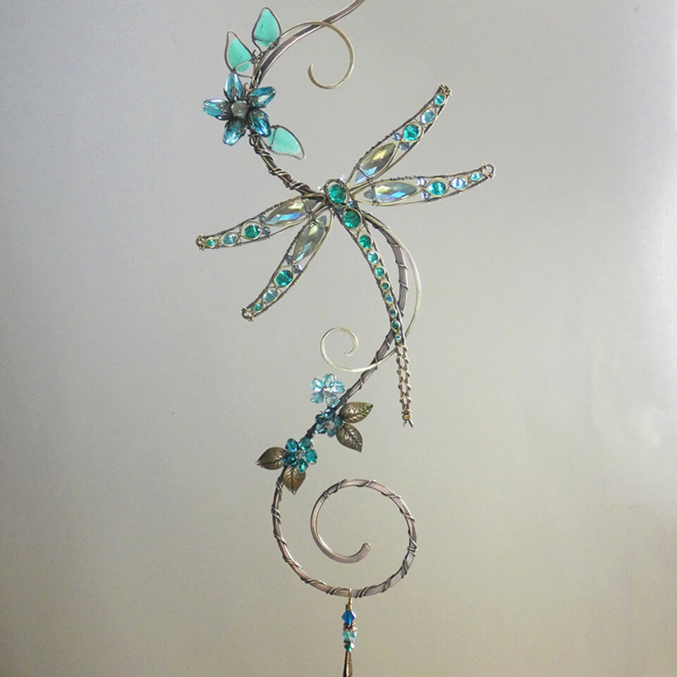 RESERVED FOR SALLY .... DRAGONFLY SWAROVSKI CRYSTAL WINDOW SUNCATCHER IN OCEAN BLUES AND GREENS WITH MIXED METALS