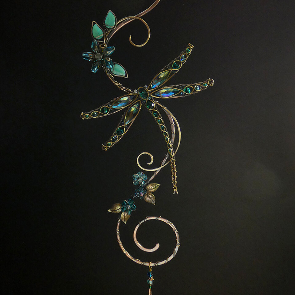 RESERVED FOR SALLY .... DRAGONFLY SWAROVSKI CRYSTAL WINDOW SUNCATCHER IN OCEAN BLUES AND GREENS WITH MIXED METALS