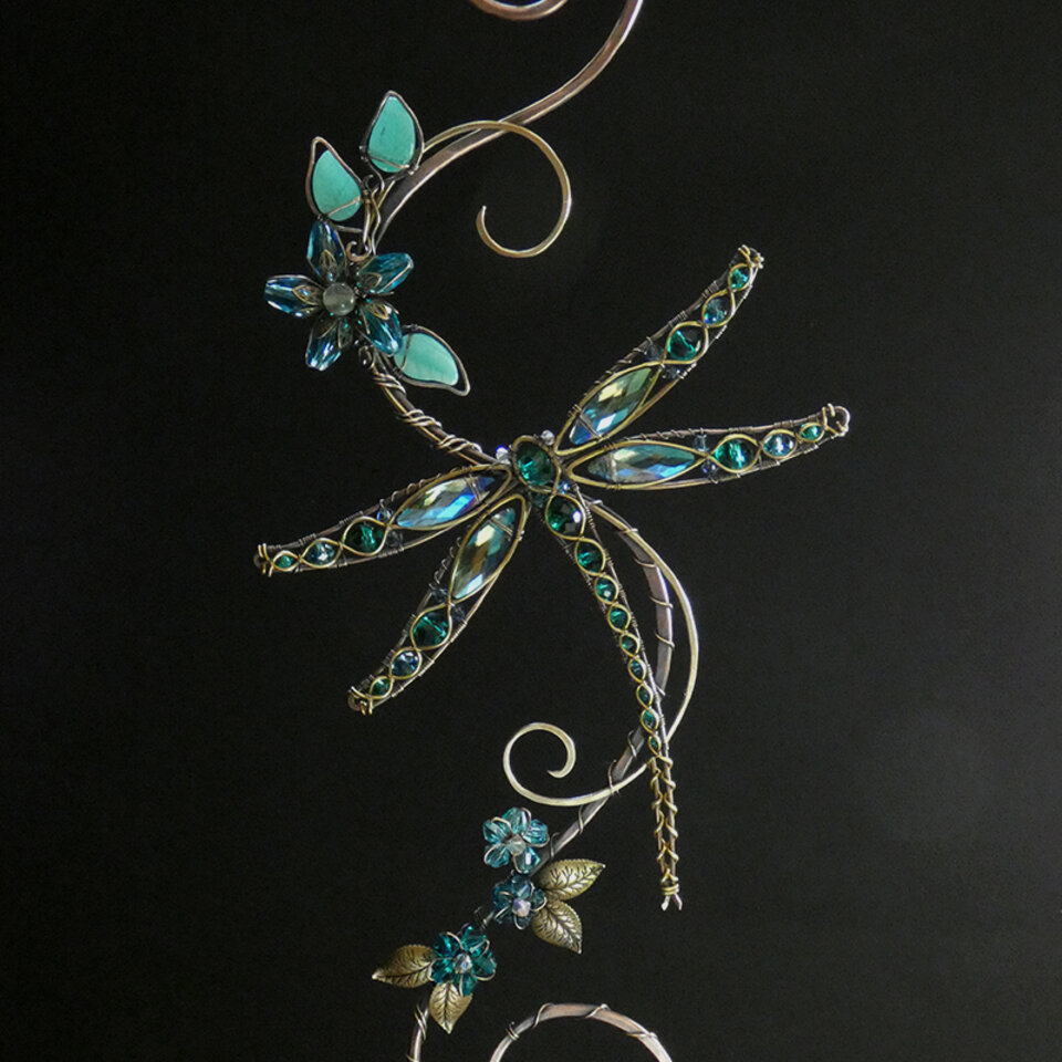 RESERVED FOR SALLY .... DRAGONFLY SWAROVSKI CRYSTAL WINDOW SUNCATCHER IN OCEAN BLUES AND GREENS WITH MIXED METALS