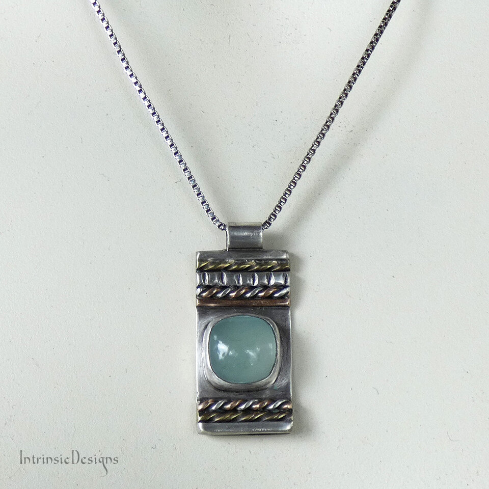 SEAFOAM CHALCEDONY STERLING SILVER & MIXED METAL PENDANT NECKLACE