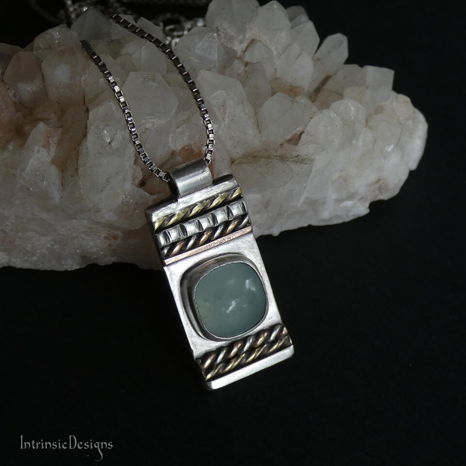 SEAFOAM CHALCEDONY STERLING SILVER & MIXED METAL PENDANT NECKLACE