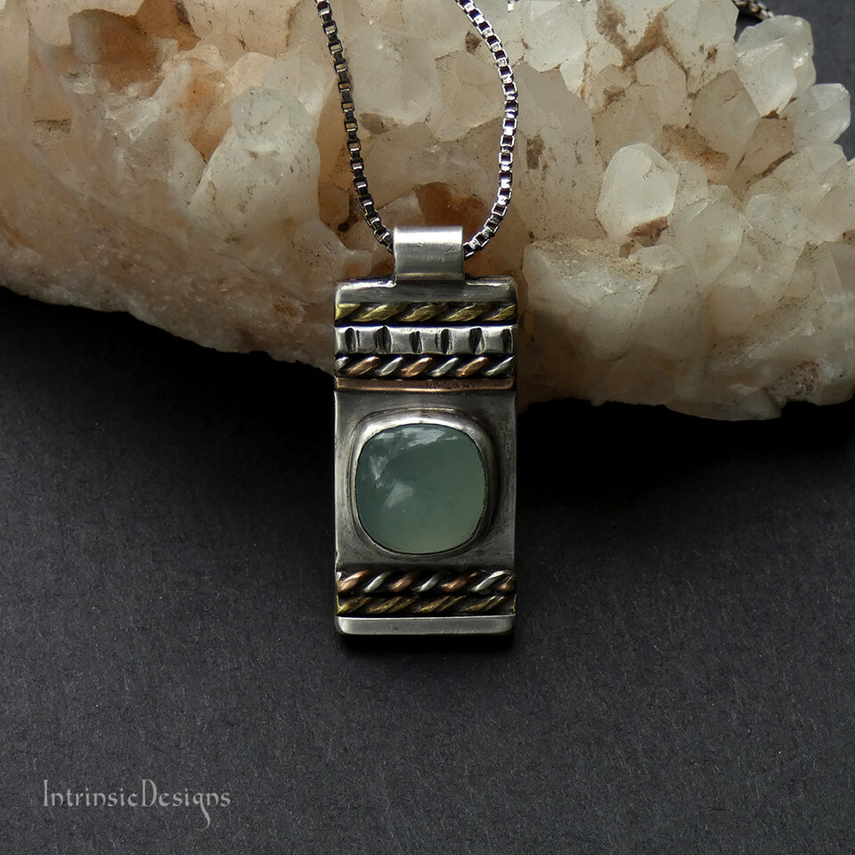 SEAFOAM CHALCEDONY STERLING SILVER & MIXED METAL PENDANT NECKLACE
