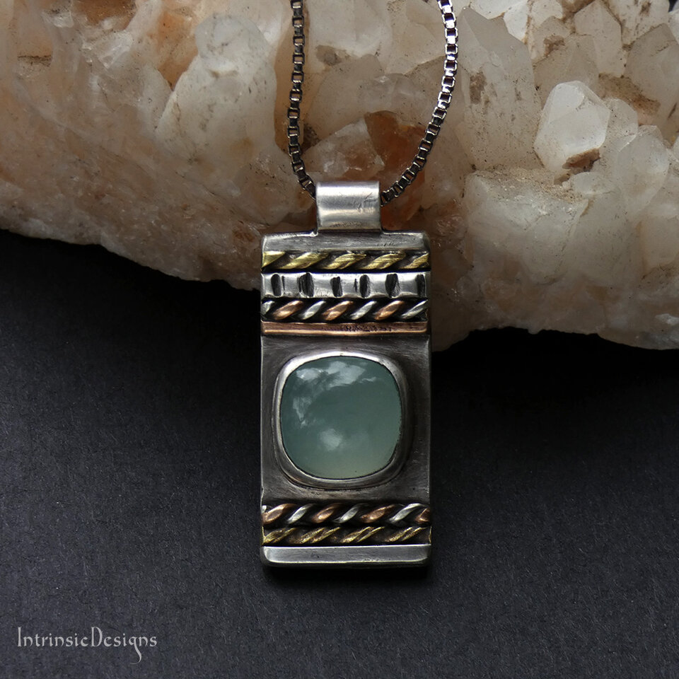 SEAFOAM CHALCEDONY STERLING SILVER & MIXED METAL PENDANT NECKLACE