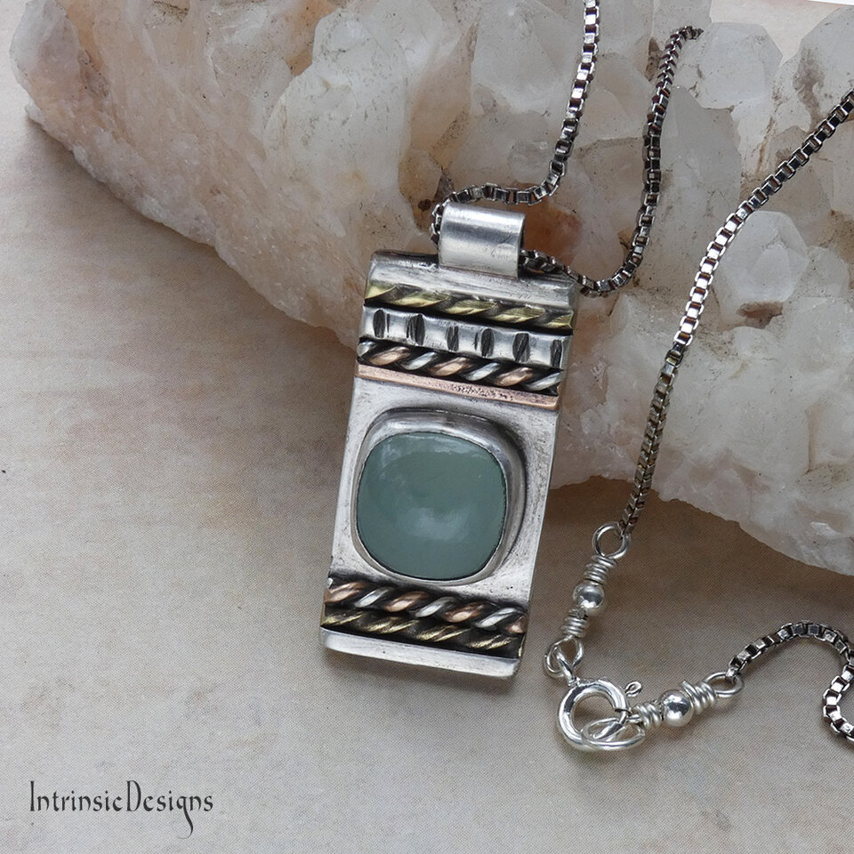 SEAFOAM CHALCEDONY STERLING SILVER & MIXED METAL PENDANT NECKLACE
