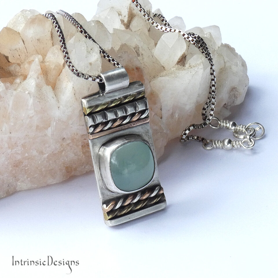 SEAFOAM CHALCEDONY STERLING SILVER & MIXED METAL PENDANT NECKLACE