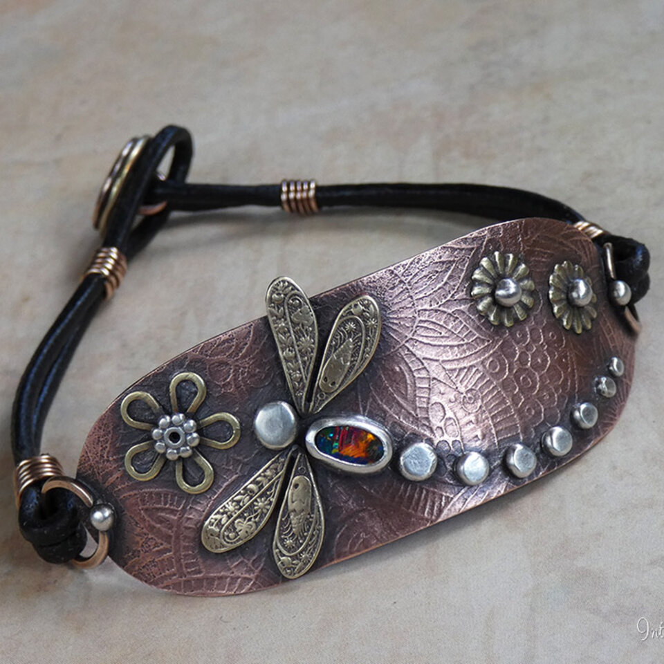 AUSTRALIAN BLACK OPAL DRAGONFLY LEATHER BRACELET WITH ETCHED COPPER, STERLING SILVER, BRONZE AND BRASS
