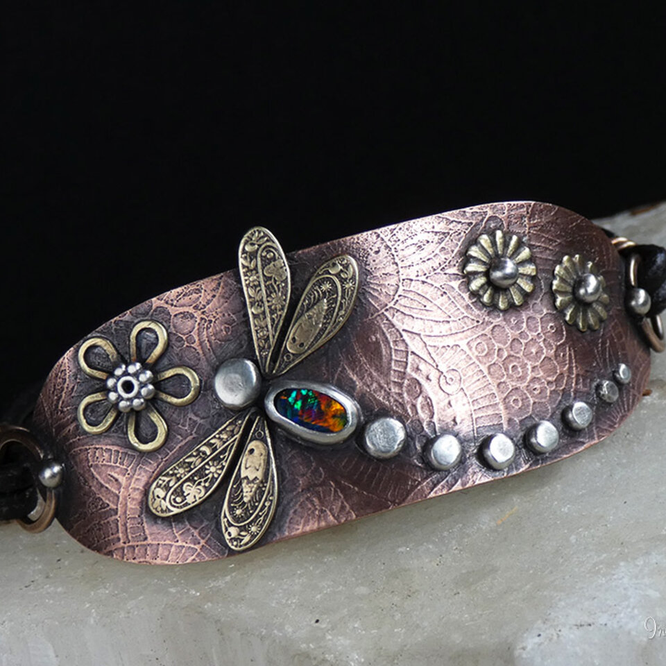 AUSTRALIAN BLACK OPAL DRAGONFLY LEATHER BRACELET WITH ETCHED COPPER, STERLING SILVER, BRONZE AND BRASS