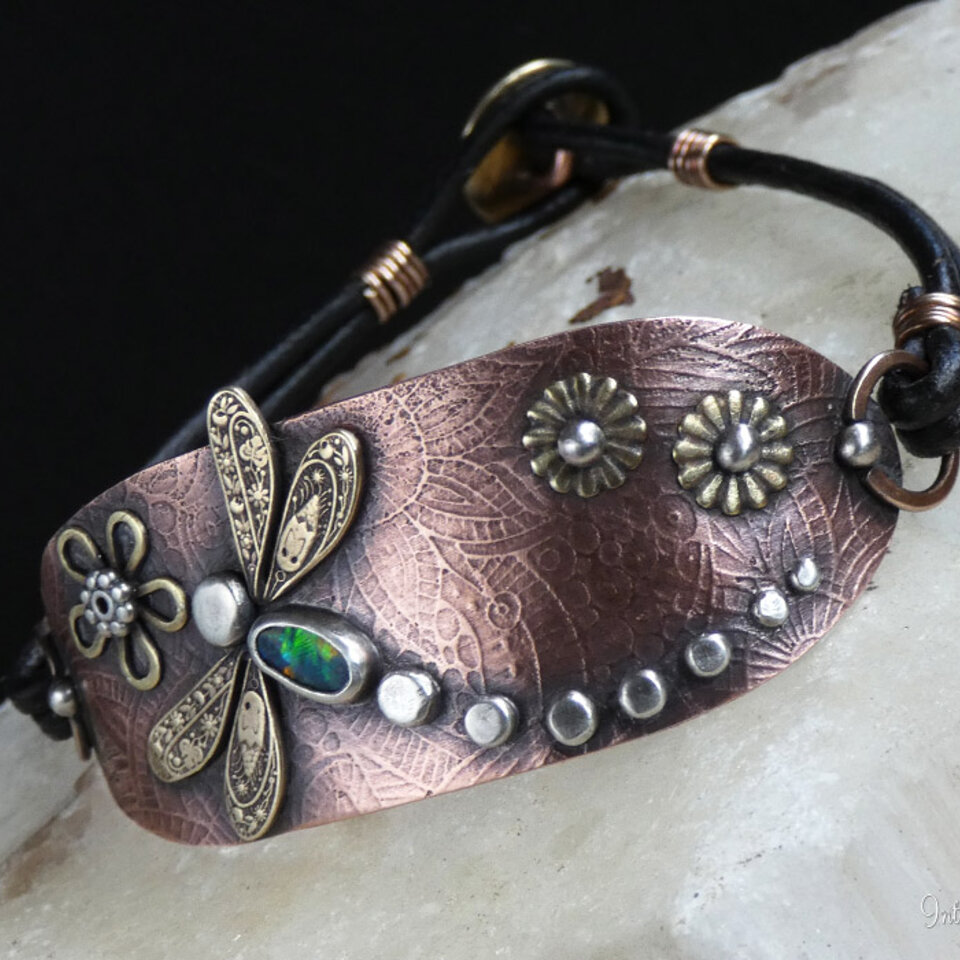 AUSTRALIAN BLACK OPAL DRAGONFLY LEATHER BRACELET WITH ETCHED COPPER, STERLING SILVER, BRONZE AND BRASS