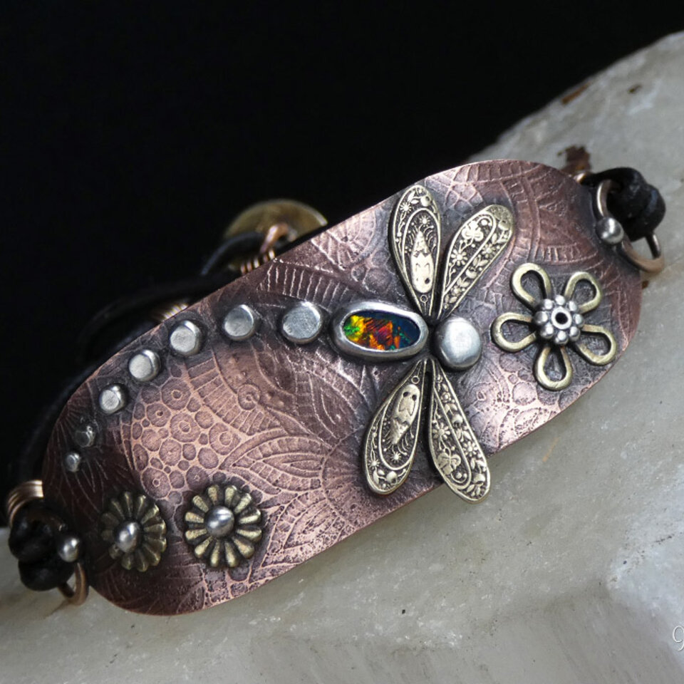 AUSTRALIAN BLACK OPAL DRAGONFLY LEATHER BRACELET WITH ETCHED COPPER, STERLING SILVER, BRONZE AND BRASS