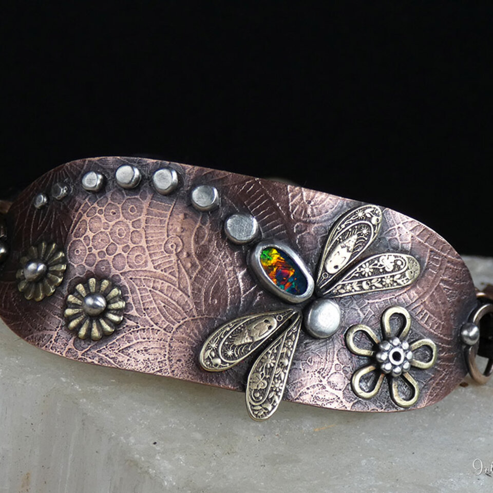 AUSTRALIAN BLACK OPAL DRAGONFLY LEATHER BRACELET WITH ETCHED COPPER, STERLING SILVER, BRONZE AND BRASS
