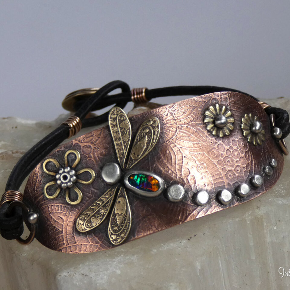 AUSTRALIAN BLACK OPAL DRAGONFLY LEATHER BRACELET WITH ETCHED COPPER, STERLING SILVER, BRONZE AND BRASS