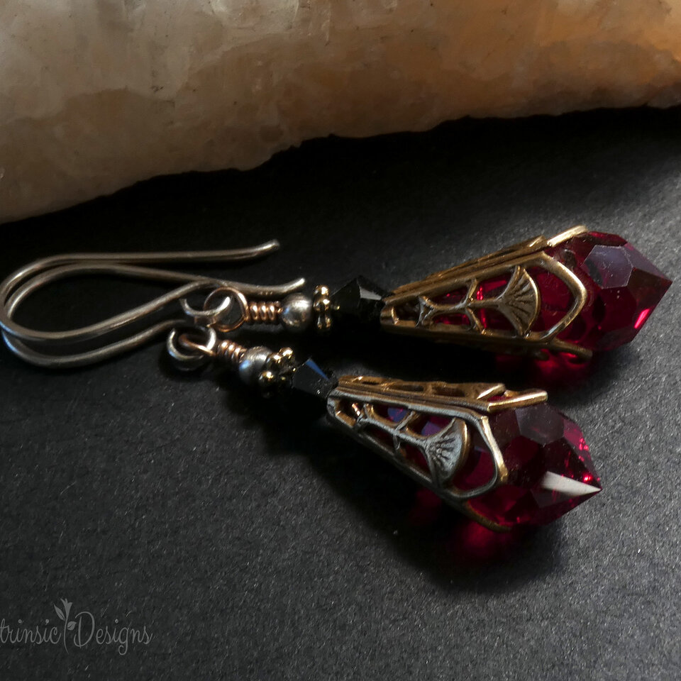 RED SWAROVSKI CRYSTAL FILIGREE EARRINGS IN MIXED METALS WITH STERLING SILVER EAR WIRES