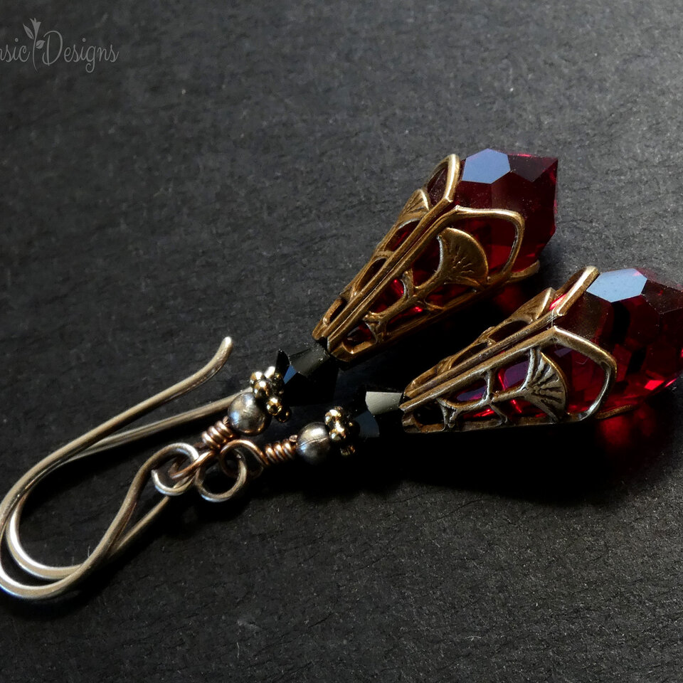 RED SWAROVSKI CRYSTAL FILIGREE EARRINGS IN MIXED METALS WITH STERLING SILVER EAR WIRES