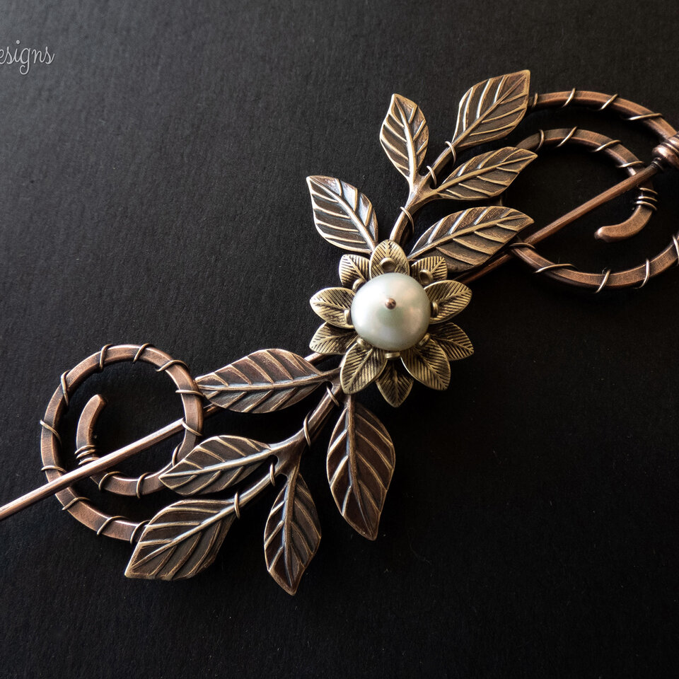 SPIRAL COPPER SHAWL PIN/ SWEATER PIN WITH A FRESHWATER PEARL AND BRASS FLOWER, BRASS LEAVES AND MIXED METALS