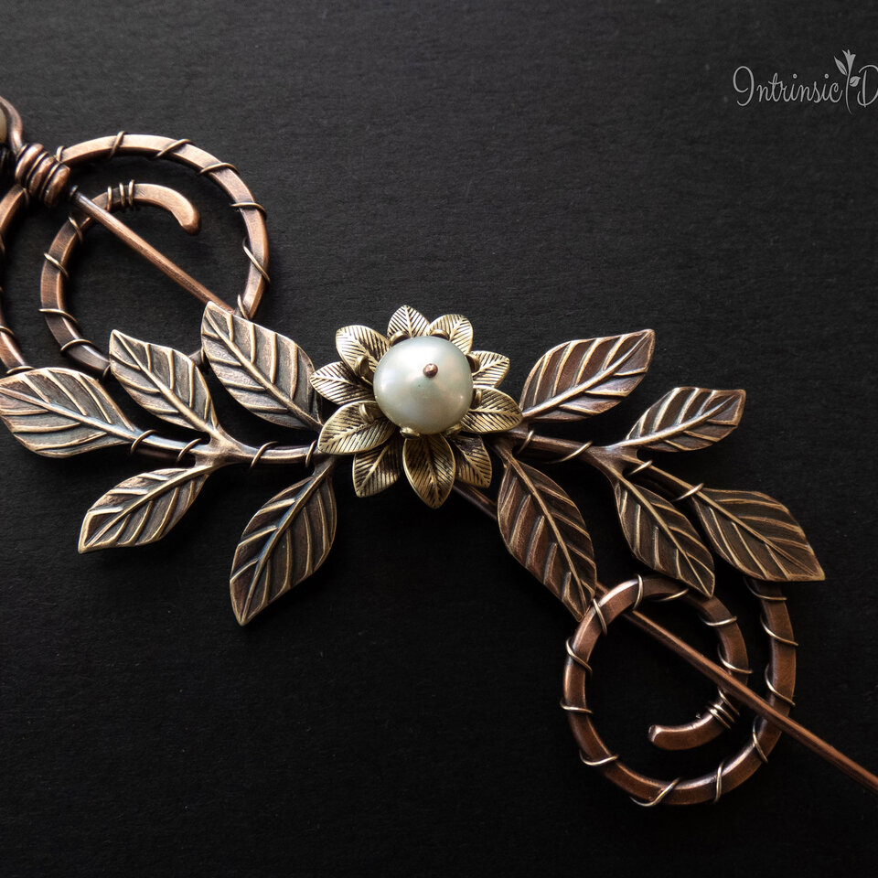 SPIRAL COPPER SHAWL PIN/ SWEATER PIN WITH A FRESHWATER PEARL AND BRASS FLOWER, BRASS LEAVES AND MIXED METALS