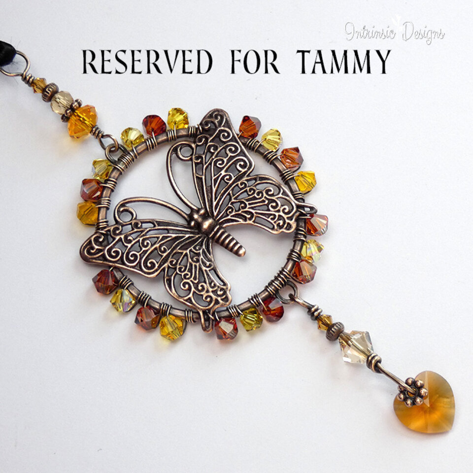 RESERVED FOR TAMMY ... SWAROVSKI CRYSTAL BUTTERFLY CAR REAR VIEW MIRROR DANGLE IN IN YELLOWS AND GOLDS .... ADJUSTABLE