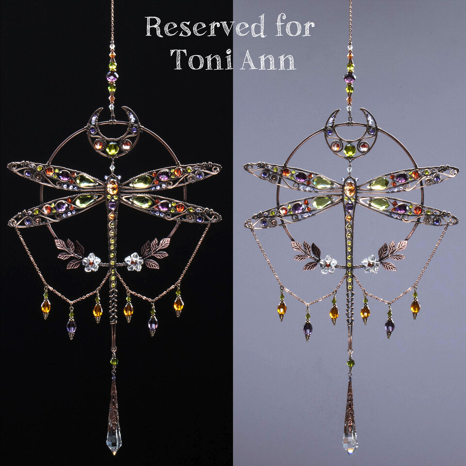RESERVED FOR TONI ANN ....  LARGE DRAGONFLY MOON ... MIXED CRYSTAL WINDOW SUNCATCHER