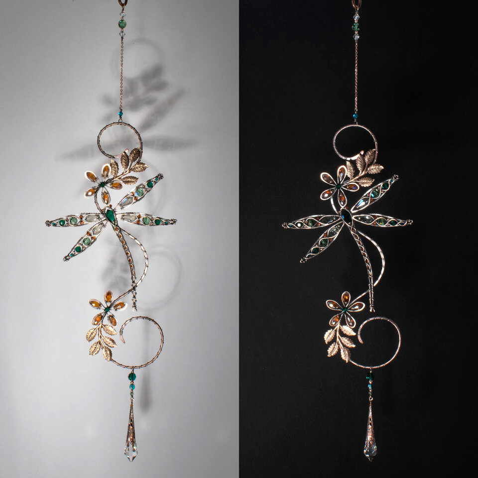 RESERVED FOR SUE BALANCE ....  DRAGONFLY ON A BRANCH WINDOW SUNCATCHER WITH SWAROVSKI CRYSTALS AND MIXED METALS