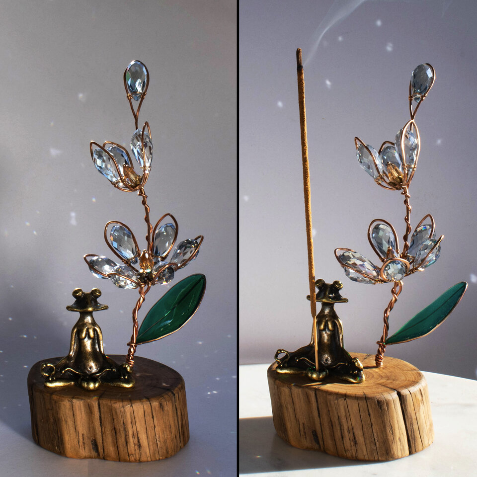 BLUE LADY ORCHID WITH A BRASS YOGA FROG INCENSE BURNER ON A WOOD SLICE  ... WINDOWSILL SUNCATCHER .... IKEBANA STYLE