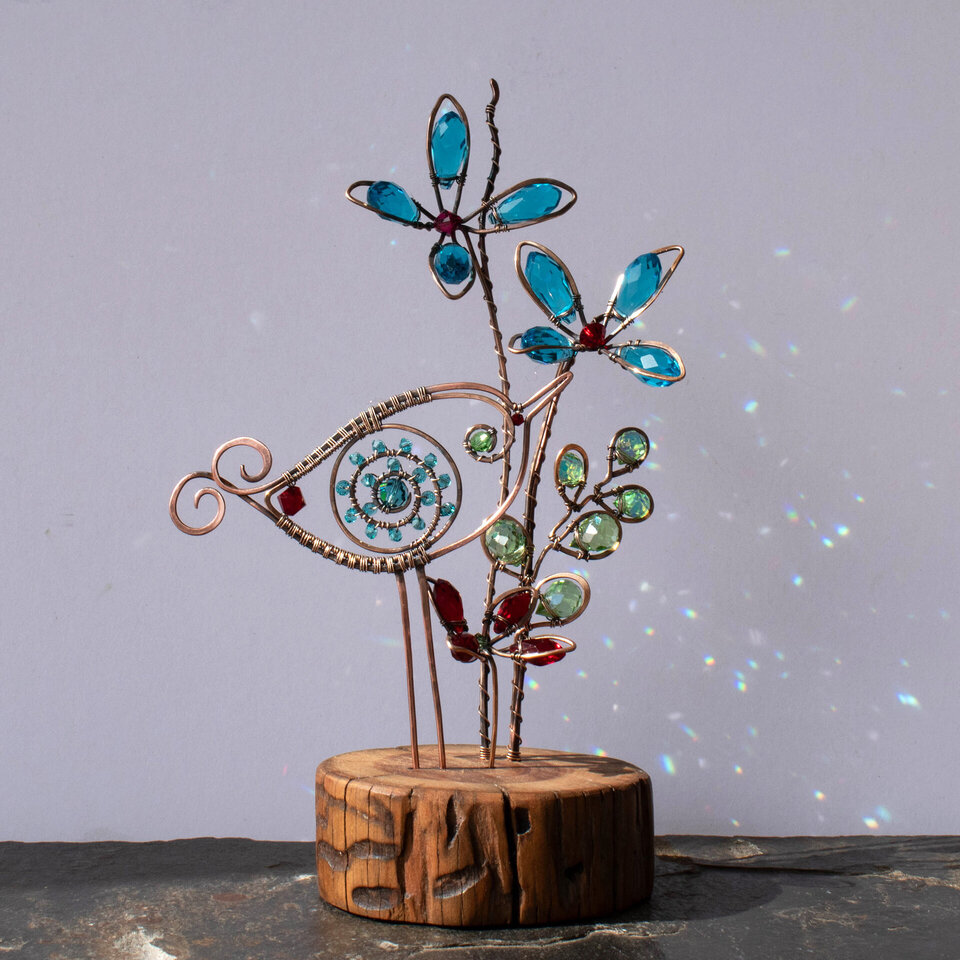CRYSTAL FLOWERS AND A WHIMSICAL BIRD ON A WOOD SLICE * WINDOWSILL SUNCATCHER 