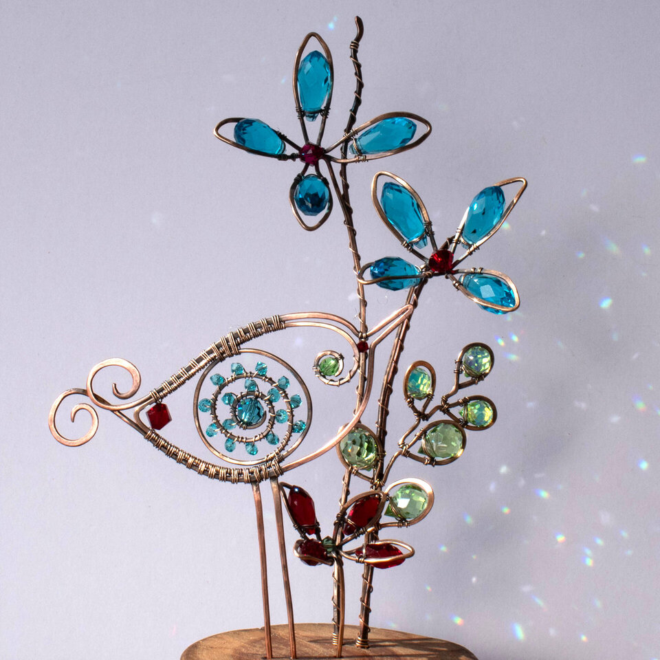 CRYSTAL FLOWERS AND A WHIMSICAL BIRD ON A WOOD SLICE * WINDOWSILL SUNCATCHER 