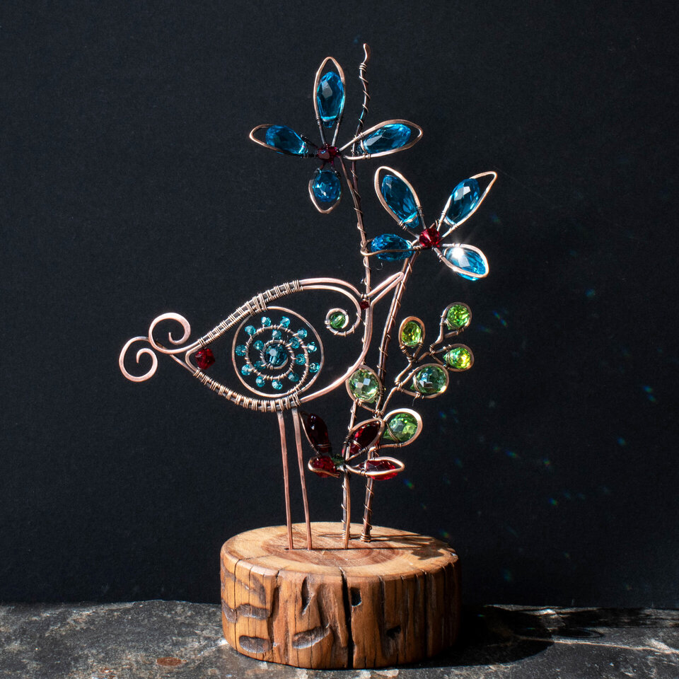CRYSTAL FLOWERS AND A WHIMSICAL BIRD ON A WOOD SLICE * WINDOWSILL SUNCATCHER 