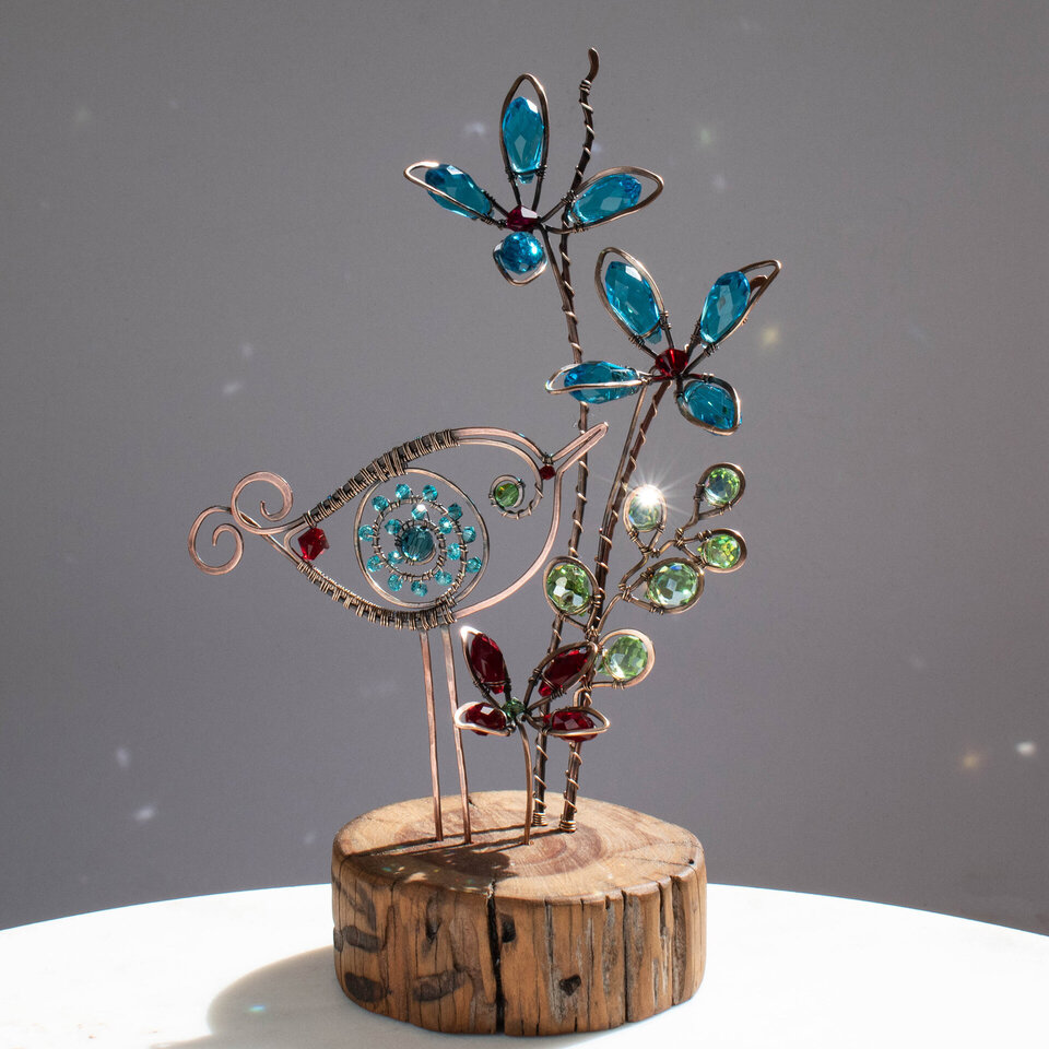 CRYSTAL FLOWERS AND A WHIMSICAL BIRD ON A WOOD SLICE * WINDOWSILL SUNCATCHER 