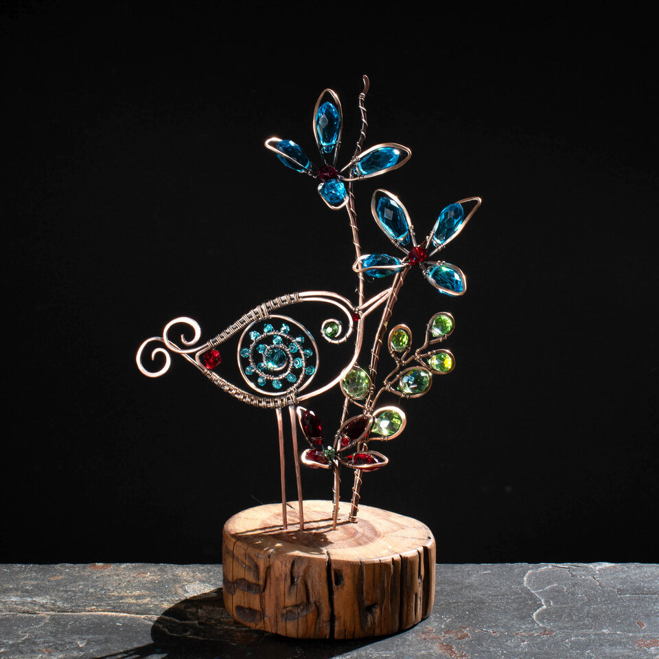 CRYSTAL FLOWERS AND A WHIMSICAL BIRD ON A WOOD SLICE * WINDOWSILL SUNCATCHER 