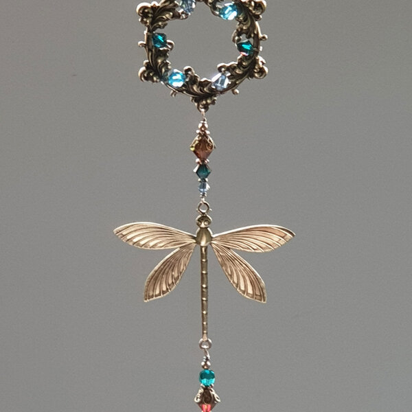 DRAGONFLY SWAROVSKI CRYSTAL WINDOW SUNCATCHER WITH FLORAL FRAME