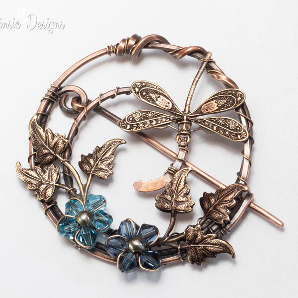 DRAGONFLY ROUND SHAWL PIN/ SWEATER PIN WITH SWAROVSKI CRYSTALS AND MIXED METALS