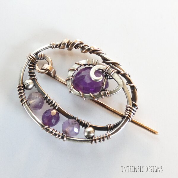 AMETHYST STERLING SILVER & BRONZE BROOCH / SHAWL PIN