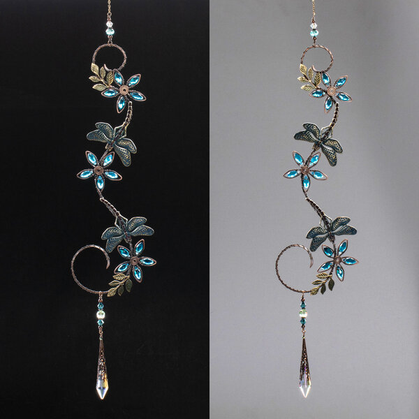 TWO DRAGONFLIES ON A BRANCH WITH FLOWERS IN BLUE ....  CRYSTAL WINDOW SUNCATCHER IN MIXED METALS