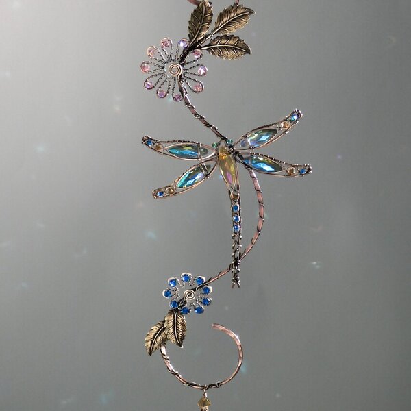 DRAGONFLY SWAROVSKI CRYSTAL WINDOW SUNCATCHER IN BLUES, PINKS & GOLDS WITH MIXED METALS