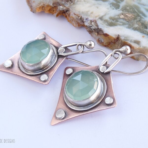 SEAFOAM CHALCEDONY STERLING SILVER AND COPPER EARRINGS WITH 935 ARGENTIUM SILVER EAR WIRES
