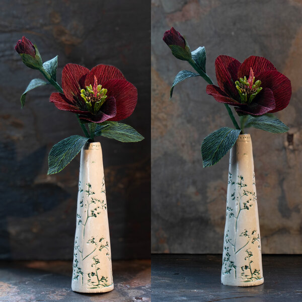 CREPE PAPER HELLEBORE FLOWER IN A HANDMADE VASE