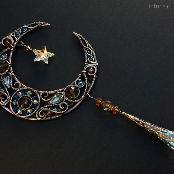 MOON & STAR SWAROVSKI CRYSTAL WIRE WRAPPED WINDOW SUNCATCHER