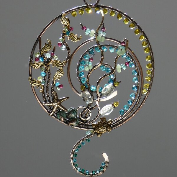 OCEAN THEMED GEMSTONE & SWAROVSKI CRYSTAL WINDOW SUNCATCHER IN MIXED METALS
