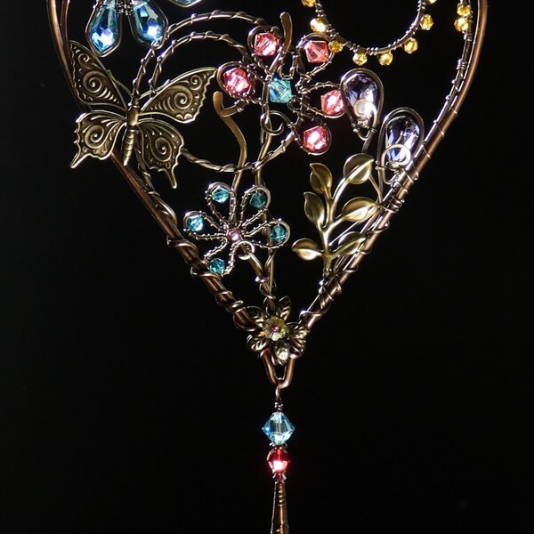 BUTTERFLY HEART SWAROVSKI CRYSTAL WINDOW SUNCATCHER IN PURPLE, PEACH, GOLD AND AQUA WITH MIXED METALS