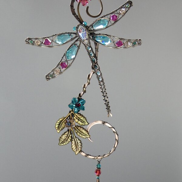 DRAGONFLY SWAROVSKI CRYSTAL WINDOW SUNCATCHER IN TURQUOISE, BLUE & PINKS WITH MIXED METALS
