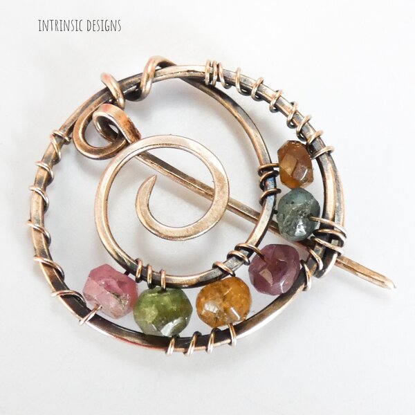 MIXED COLOURED TOURMALINE BRONZE SPIRAL BROOCH / SHAWL PIN