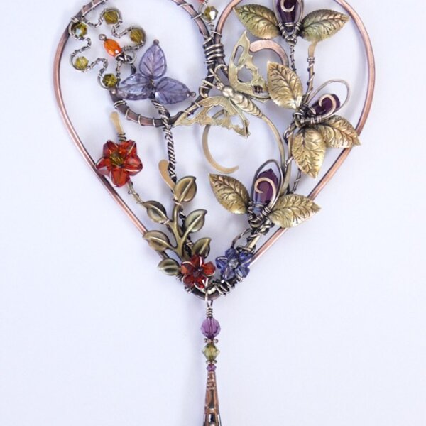 BUTTERFLY HEART SWAROVSKI CRYSTAL WINDOW SUNCATCHER IN PURPLE, OLIVE AND AMBER WITH MIXED METALS
