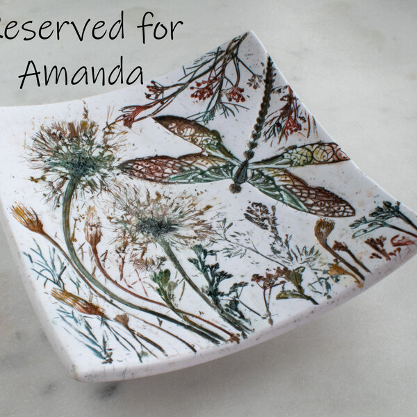 RESERVED FOR AMANDA ... CURVED SQUARE RING DISH WITH A DRAGONFLY, DANDELIONS & LITTLE WILDFLOWERS