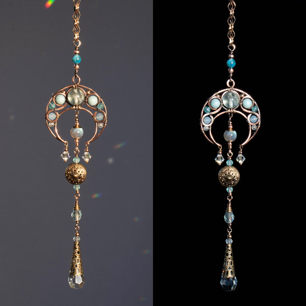 MOON REARVIEW MIRROR CHARM HANGER WITH GEMSTONES & SWAROVSKI CRYSTALS