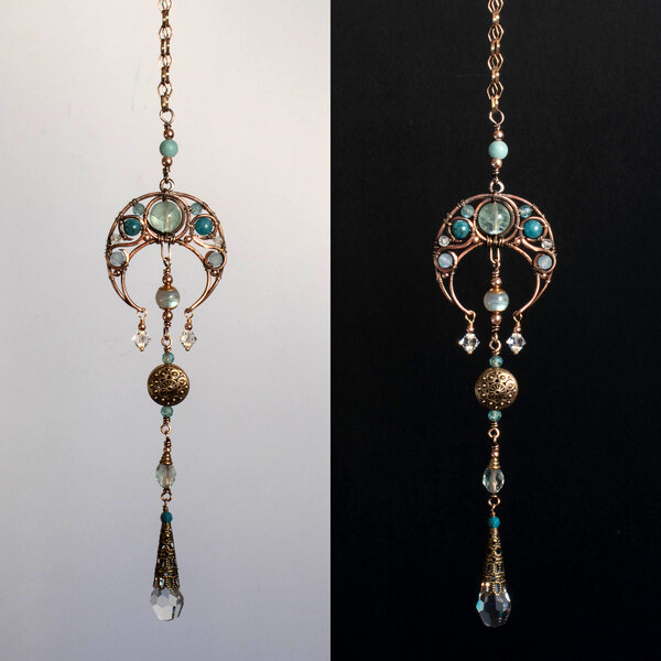 RESERVED FOR DENISE .... MOON REARVIEW MIRROR CHARM HANGER WITH GEMSTONES & SWAROVSKI CRYSTALS