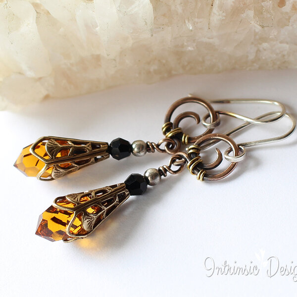 AMBER SWAROVSKI CRYSTAL FILIGREE EARRINGS IN MIXED METALS WITH STERLING SILVER EAR WIRES