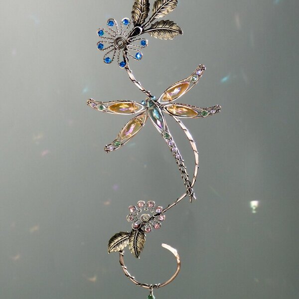DRAGONFLY SWAROVSKI CRYSTAL WINDOW SUNCATCHER IN BLUES, PINKS & GOLDS WITH MIXED METALS