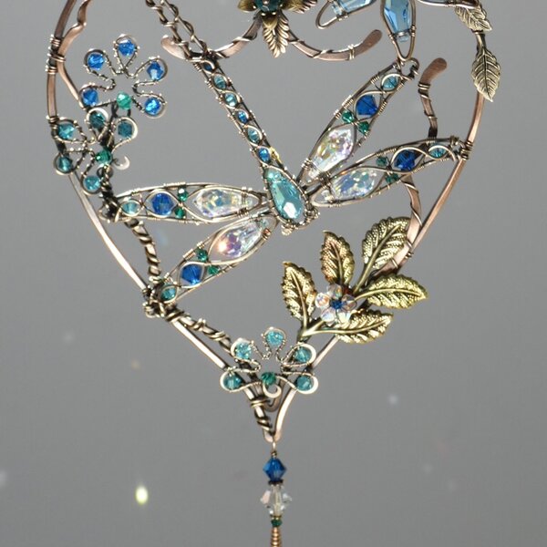DRAGONFLY HEART SWAROVSKI CRYSTAL WINDOW SUNCATCHER IN OCEAN BLUES AND GREENS WITH MIXED METALS